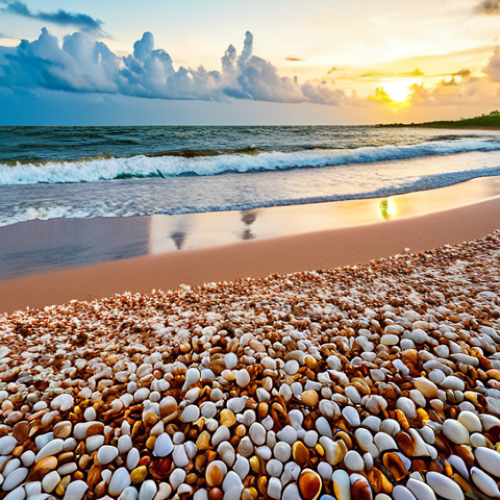 A breathtaking wide shot of Shell Beach in Guyana, composed entirely of millions of glistening seashells. The pristine white and colorful shells stretch for miles along the wild northern coast, reflecting the warm hues of a golden hour sunset. Gentle ocean waves roll onto the unique, shell-laden shore, creating a serene and captivating atmosphere. Professional landscape photography, high resolution, ultra-detailed, vivid colors, natural light, perfect composition, safe for work, appropriate content, family-friendly.