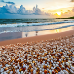 A breathtaking wide shot of Shell Beach in Guyana, composed entirely of millions of glistening seashells. The pristine white and colorful shells stretch for miles along the wild northern coast, reflecting the warm hues of a golden hour sunset. Gentle ocean waves roll onto the unique, shell-laden shore, creating a serene and captivating atmosphere. Professional landscape photography, high resolution, ultra-detailed, vivid colors, natural light, perfect composition, safe for work, appropriate content, family-friendly.