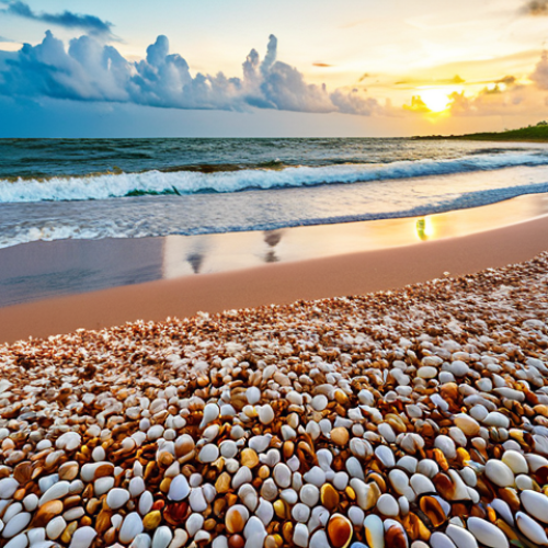 Home 4 A breathtaking wide shot of Shell Beach in Guyana, composed entirely of millions of glistening seashells. The pristine white and colorful shells stretch for miles along the wild northern coast, reflecting the warm hues of a golden hour sunset. Gentle ocean waves roll onto the unique, shell-laden shore, creating a serene and captivating atmosphere. Professional landscape photography, high resolution, ultra-detailed, vivid colors, natural light, perfect composition, safe for work, appropriate content, family-friendly.