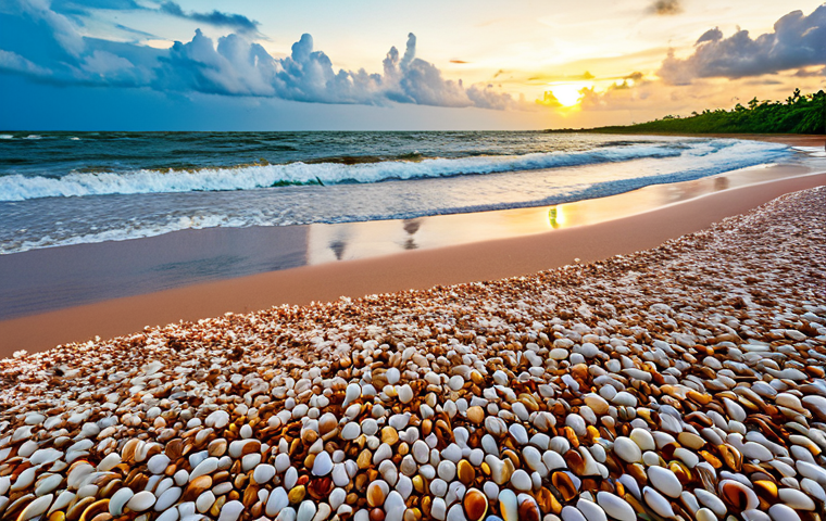 A breathtaking wide shot of Shell Beach in Guyana, composed entirely of millions of glistening seashells. The pristine white and colorful shells stretch for miles along the wild northern coast, reflecting the warm hues of a golden hour sunset. Gentle ocean waves roll onto the unique, shell-laden shore, creating a serene and captivating atmosphere. Professional landscape photography, high resolution, ultra-detailed, vivid colors, natural light, perfect composition, safe for work, appropriate content, family-friendly.